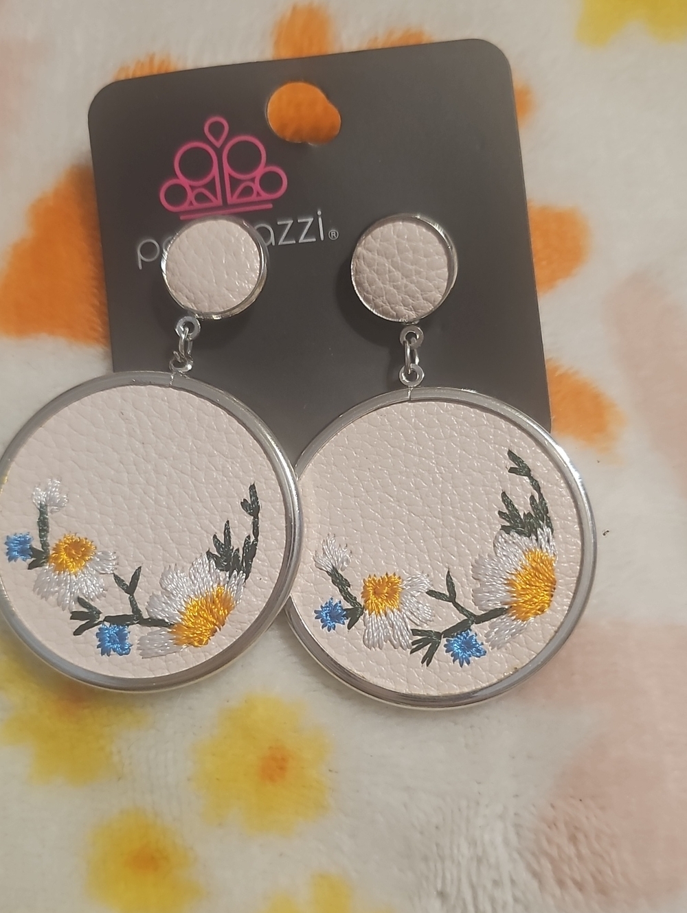 paparazzi Cream Floral Embroidered Drop Earrings with Yellow & Blue Accents